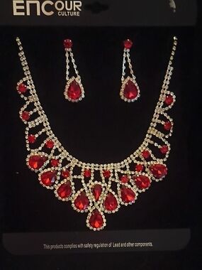 Red Teardrop Crystal Necklace and Earrings Set by